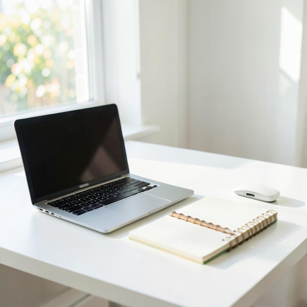Airy workspace with laptop and notebook in bright natural light